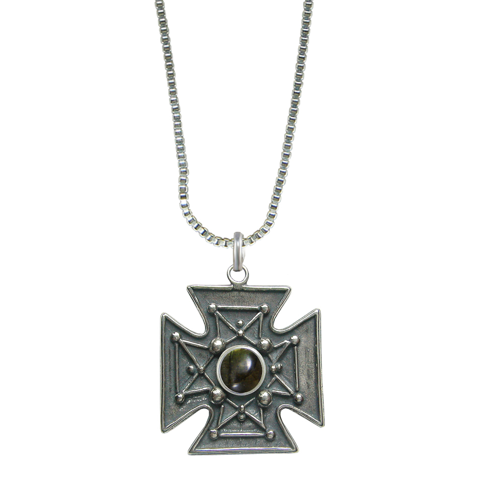 Sterling Silver Large Iron Cross Necklace With Spectrolite